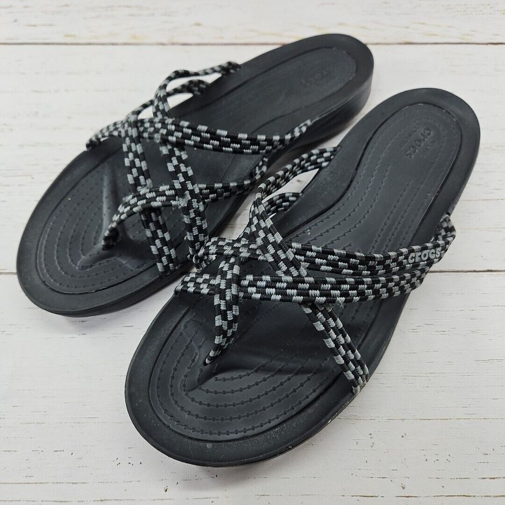 Crocs‎ Swiftwater Womens 11 Black Braided Strappy Slip On Toe Wrap Sandals